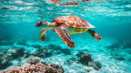 Fototapeta premium A majestic sea turtle gliding gracefully through crystal-clear turquoise waters, surrounded by colorful coral reefs and schools of fish, showcasing underwater beauty.