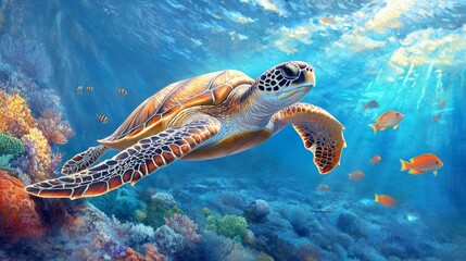 Fototapeta premium A majestic sea turtle gliding gracefully through crystal-clear turquoise waters, surrounded by colorful coral reefs and schools of fish, showcasing underwater beauty.