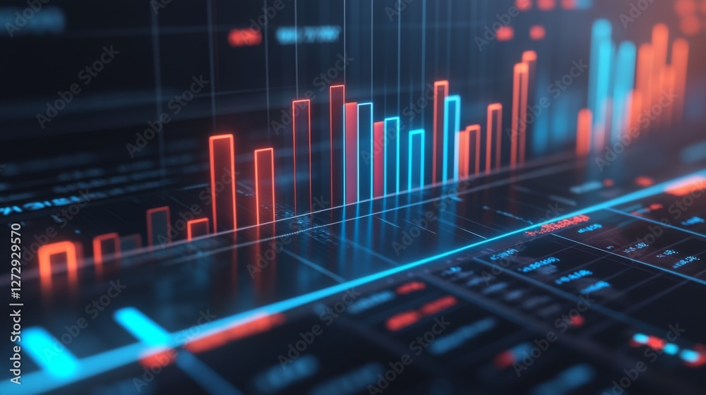 Leinwandbilder A modern D bar graph displaying financial performance with rising and falling bars, set against a professional blue and gray background.