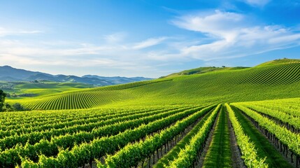 Lush green vineyard landscape stretching over rolling hills beneath sky
