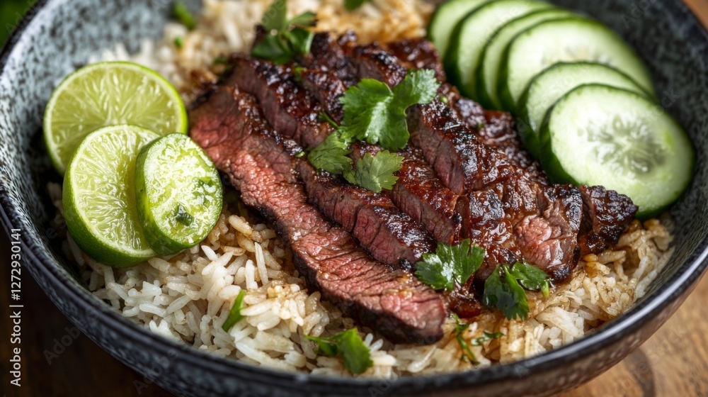 Poster a mouthwatering image of beef rice in a deep bowl, with the beef marinated in a savory sauce, accomp