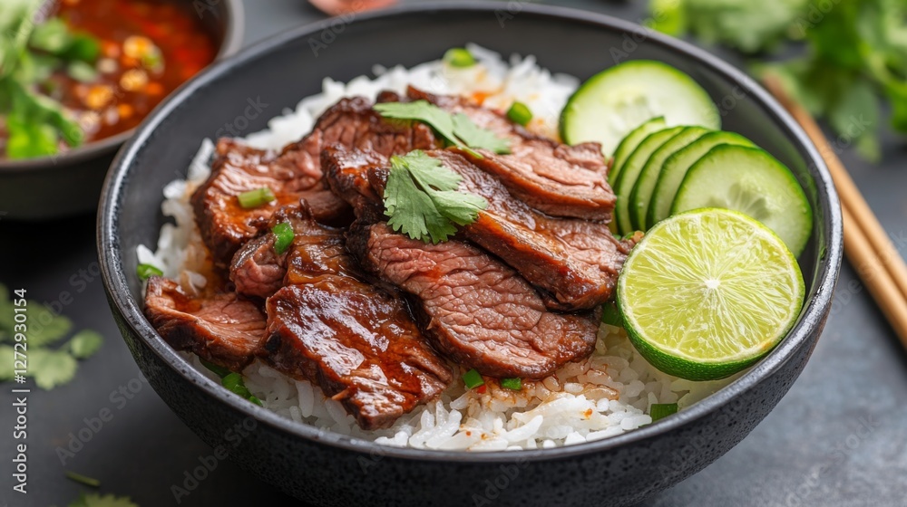 Poster a mouthwatering image of beef rice in a deep bowl, with the beef marinated in a savory sauce, accomp