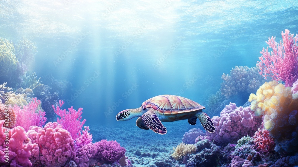 Poster a peaceful image of a sea turtle resting on a rocky seabed, with soft corals and colorful sponges su