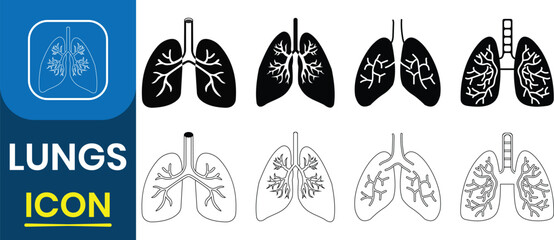 Human Lungs icon. Lungs vector silhouette set. Human Internal Organ. Body part element. Respiratory system healthy lungs anatomy symbols collection. Vector illustration.