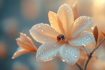 Fototapeta premium Ladybug rests on a blooming flower covered with dew in a soft morning light