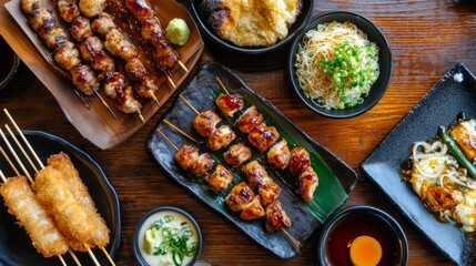 A picturesque view of a traditional Japanese izakaya with various dishes served on wooden tables, creating a warm and inviting dining atmosphere.