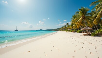 Fototapeta premium Serene Tropical Beach Escape, Turquoise Waters, Palm Trees, and Relaxing Ambiance