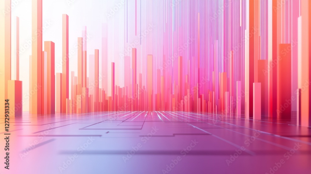 Fototapete a professional d bar chart in soft gradient tones, with bars rising upwards and data lines overlaid,