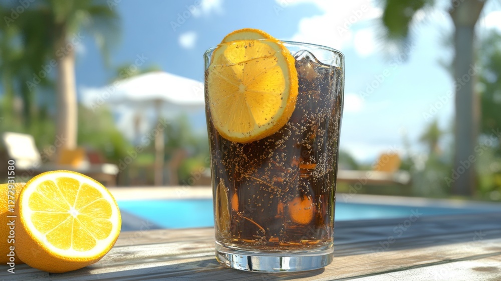 Poster a refreshing glass of fizzy soda garnished with citrus slices, sitting on a poolside table with a bl