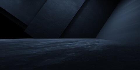 3d rendering of black hallway dark room spaceship background with abstract geometric. minimalist concept. Scene for advertising, showroom, technology, modern, sport, game, garage. Sci Fi Illustration