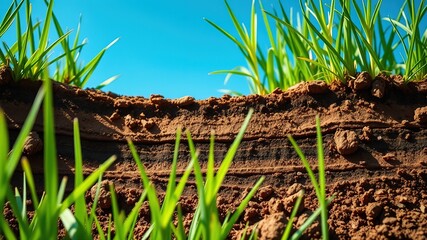 Fototapeta premium Layered Soil Cut, Grass, Blue Sky - High Resolution Nature Photography