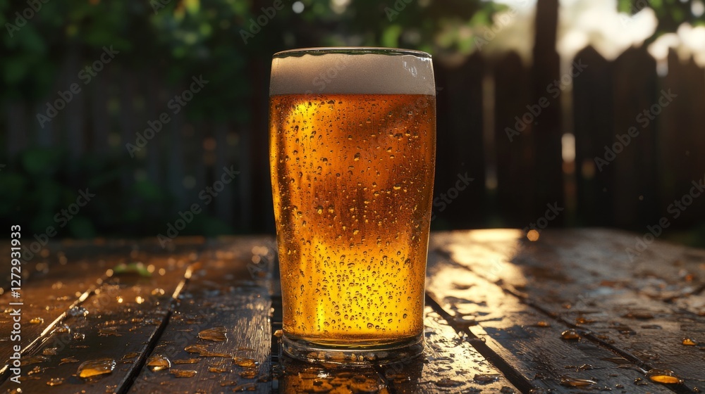 Poster a refreshing pilsner in a sleek glass, with condensation droplets running down the sides, set agains
