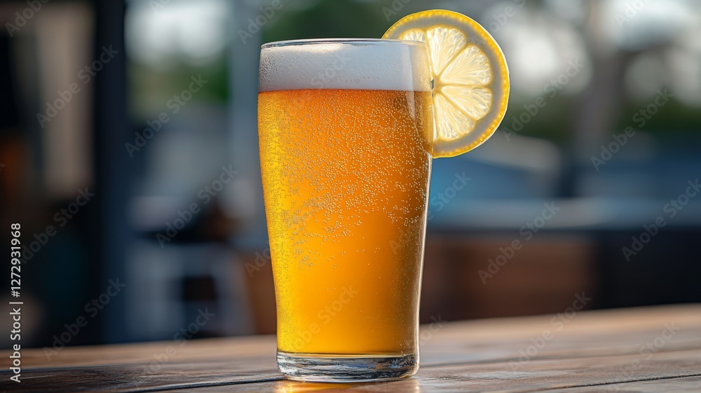 Poster a refreshing lager in a tall glass with bubbles rising to the surface, accompanied by a slice of lem