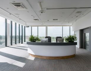 Fototapeta premium Front view on bright office reception interior with panoramic window
