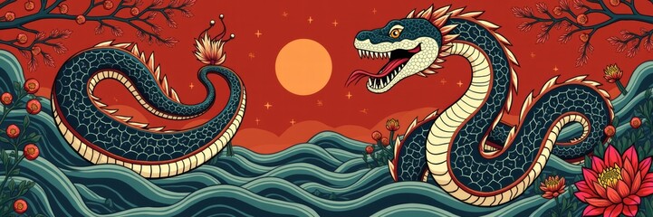 Obraz premium Vibrant and intricate illustration of a dragon surrounded by waves and flowers, ideal for cultural, fantasy, and artistic projects.