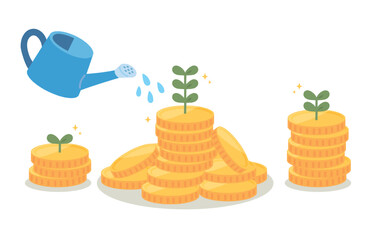 水やりをしてお金を育てるイメージのイラスト素材
