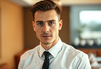 Obraz premium Elegant male waiter in modern restaurant setting