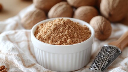 Walnut Flour in Bowl, Nut Background, Kitchen