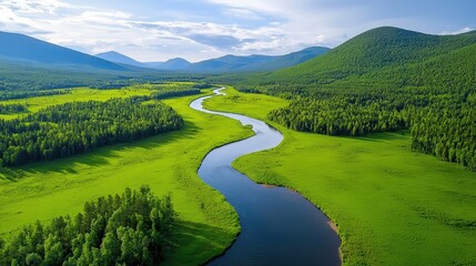 Fototapeta premium A winding river flows through a lush green valley