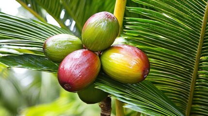Harvesting red and green fruits from palm trees in tropical rainforest environment nature photography