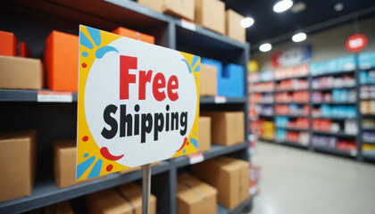 Promotional sign featuring "Free Shipping" displayed in a retail store aisle for customer announcement