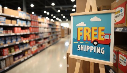 In-store promotional sign for "Free Shipping" displayed on an easel in a retail setting
