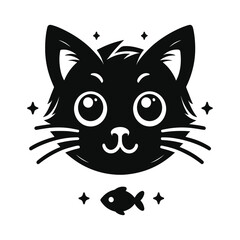 Black cat face vector logo icon, simple flat design on a white background, no shadow under the head of the black, cute kitten, vector illustration style, simple line art, symmetrical composition, logo