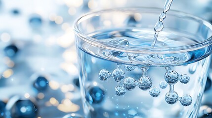 Water pouring into glass, molecules visible, bokeh background;  science, purity, hydration