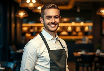 Obraz premium Photorealistic portrait of a male waiter in a modern restaurant setting
