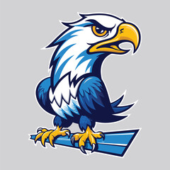 Stylized cartoon eagle logo with a fierce expression, featuring blue and white feathers, a yellow beak and talons, perched on a blue and white striped bar.