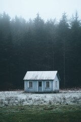 Misty Forest Cabin, Foggy Woods, Lonely House