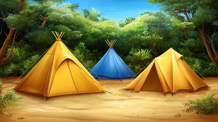 Camping adventure with colorful tents in lush forest nature photography outdoor exploration
