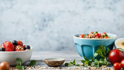 Fresh Summer Berry and Tomato Salad in Rustic Bowls with Copy Space