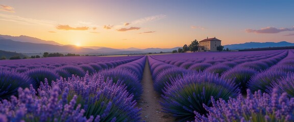 Fototapeta premium Lavender field at sunrise, rural landscape with a building on the horizon