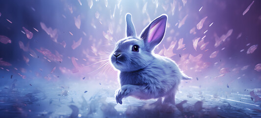 rabbit coming our of chrysalis, plain pastel purple background ai generative