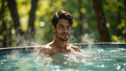 Fototapeta premium A man relaxes in a hot tub under trees