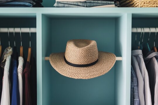 Straw hat rests on a shelf within a blue wardrobe