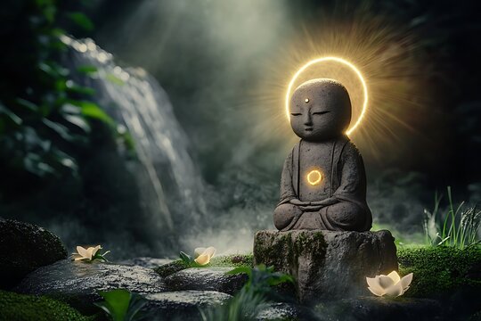 Jizo statue illuminated by soft golden light, surrounded by glowing lotus flowers and a misty aura.