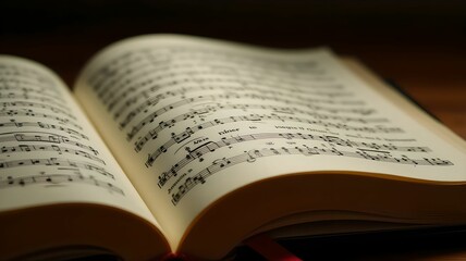 Open music book displaying sheet music on a rustic wooden surface in a dimly lit space