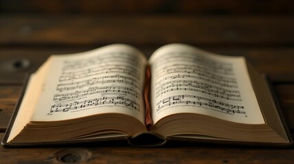Fototapeta premium Open music book displaying sheet music on a rustic wooden surface in a dimly lit space