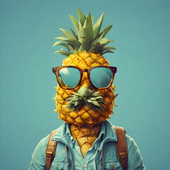 A fun and quirky illustration of a hipster pineapple wearing trendy glasses, representing culinary adventures and wanderlust.