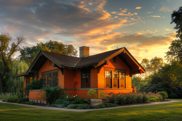 Rear-right angle of a vivid orange craftsman cottage with a bell-cast roof, during a serene sunset, offering a warm and welcoming glow against the cooling evening.