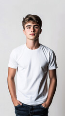 Fototapeta premium Young Male Model in a White T-Shirt Fashion and Apparel Mockup