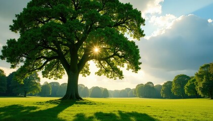 A tree's branches are highlighted by sunlight amidst cloudy skies in an English parkland, tree, atmosphere