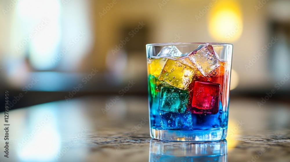 Poster a vibrant glass of soda with colorful bubbles and ice cubes, positioned on a marble countertop, with