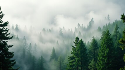 Misty Green Forest, Smoky Mountains, Lush Pines, Tranquil Landscape