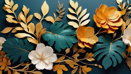 Fototapeta premium Elegant Green Summer Background with Golden Metallic Wall Art - Vector Design