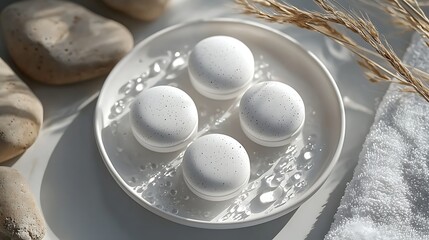 White macarons on plate, spa setting, sunlight, relaxation