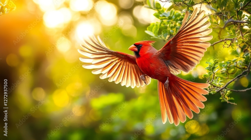 Poster a vibrant red cardinal in mid-flight, captured with clear detail as it flaps its wings against a bac
