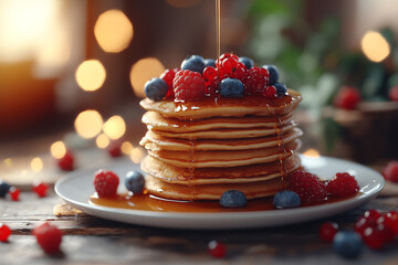 Pancake Day. a pile of pancakes with caramel syrup and berries scattered around . a dish for shrove tuesday or the end of carnival